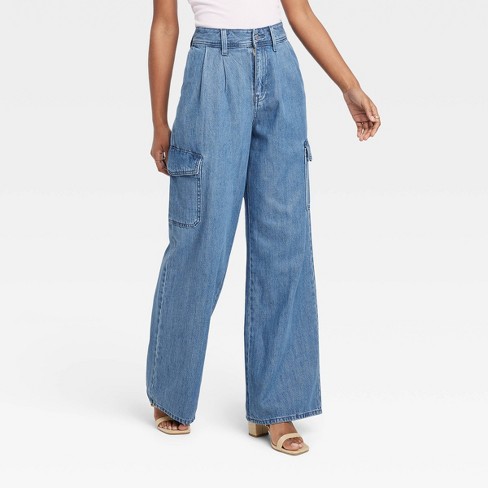 Women's Wide Leg Denim Cargo Trousers - Universal Thread™ Medium Wash 12 :  Target