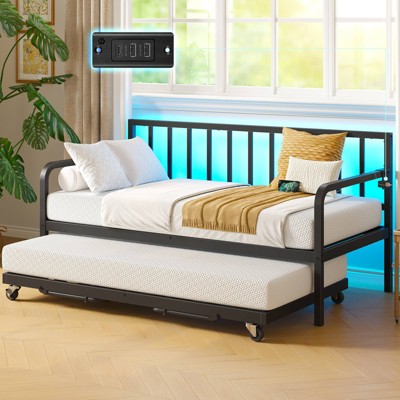 Greenstell Morden Twin Daybed with Backrest & Pop-Up Trundle Set and LED Lights & USB Charging Station
