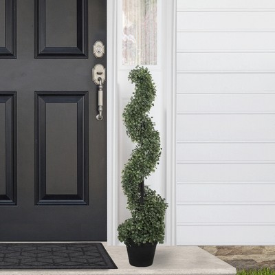 Elegant Two-Tone Boxwood Spiral Topiary, 38" Unlit with Black Pot