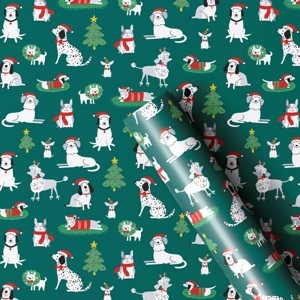 30" 50 sq ft Christmas Roll Wrap Illustrated Dogs on Green - Wondershop™ - 1 of 3