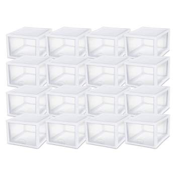 Sterilite 27 Quart White Frame Clear Plastic Stackable Storage Container Bin w/ Single Drawer for Craft, Pantry, Sink, & Desktop Organization, 16 Pack