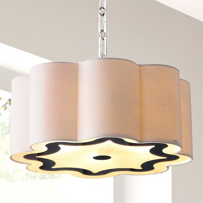 Polished Chrome 20" Drum Pendant with Scalloped Linen Shade and LED Bulbs