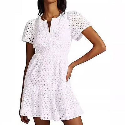 Coolmee Women Summer Mini Dress Casual V Neck Short Sleeve A Line Hollow Out Lace Ruffle Cute Short Beach Party Dresses XL White