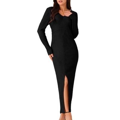 Seta T Women's Elegant Long Sleeve Round Neck Slit Hem Knit Maxi Dress