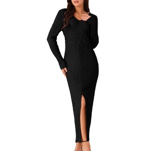 Seta T Women's Elegant Long Sleeve Round Neck Slit Hem Knit Maxi Dress - 1 of 4