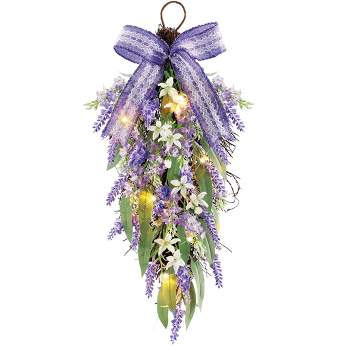 Collections Etc LED Lighted Purple Lavender Floral Mix Door Swag with Ribbon Trim