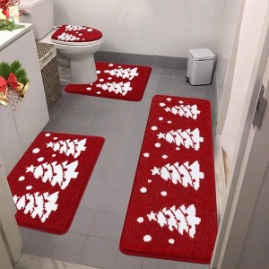 Christmas Bathroom Rug Set, 4 - Piece with Toilet Cover, Red Non - Slip Absorbent Mats, Machine Washable Toilet Mat - 1 of 4