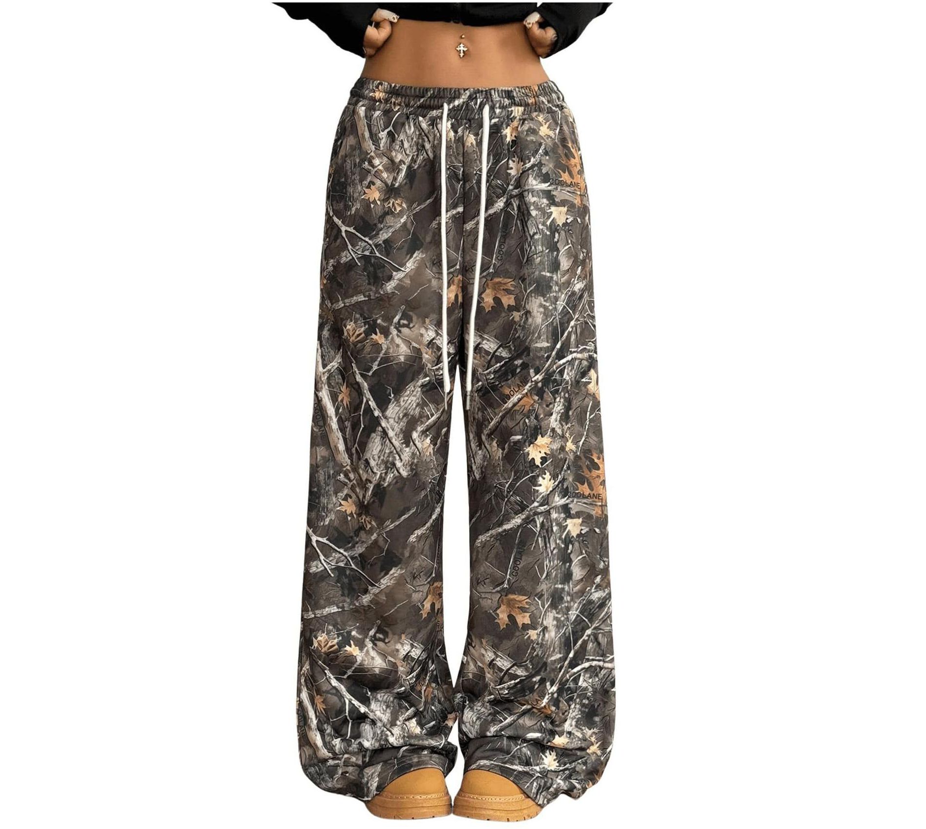 BLUEMING Womens Camo Pants Wide Leg Baggy Sweatpants Elastic Waist Drawstring Loose Geometric Printed Pants, Gray - M