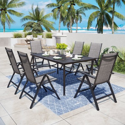 Captiva Designs 7pc Outdoor Patio Slat-top Rectangle Dining Steel Table & Foldable Arm Chairs