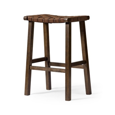 HomeRoots 30" Brown Faux Leather and Solid Wood Backless Bar Height Bar Chair