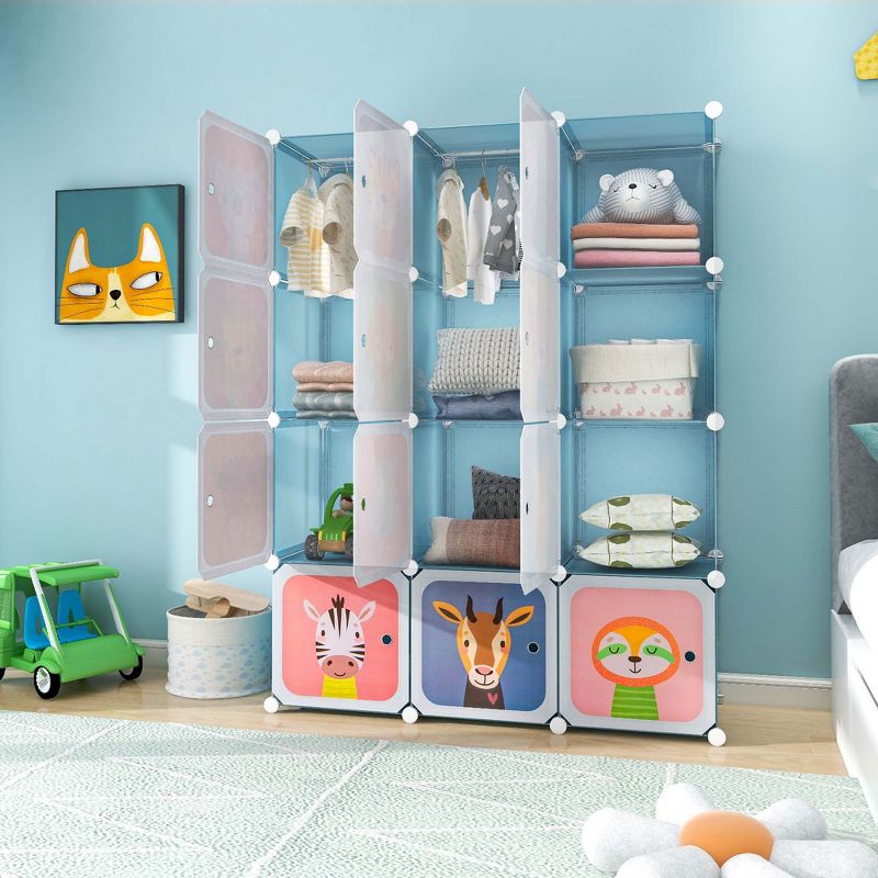Costway 12-Cube Kids Wardrobe Baby Dresser Bedroom Armoire Clothes Hanging Closet with Door Blue/Pink, 2 of 11
