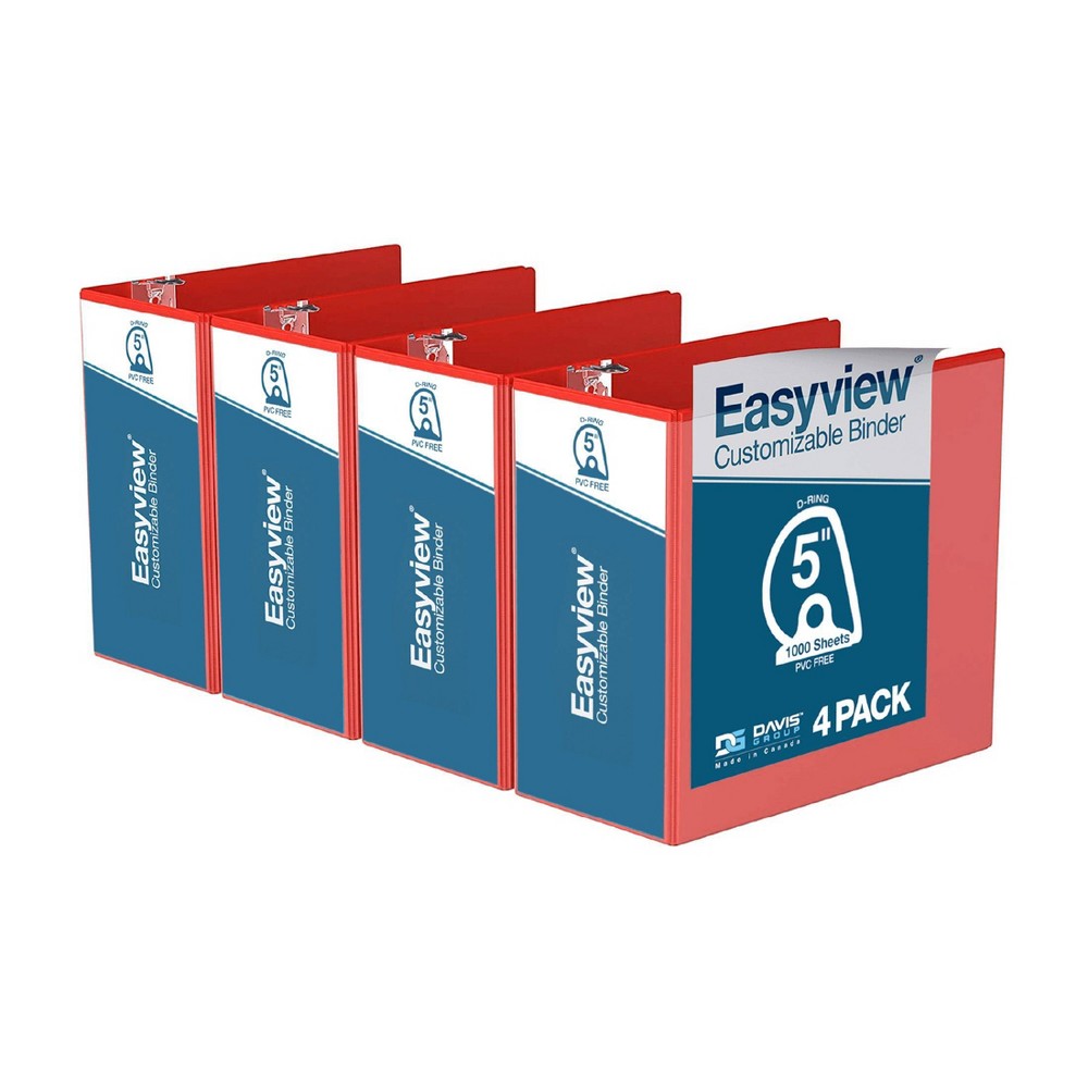 Davis Group 4pk 5" Premium Economy Angled D-Ring Binder Red: Easyview, Polypropylene, 700 Sheet Capacity, Hard Cover