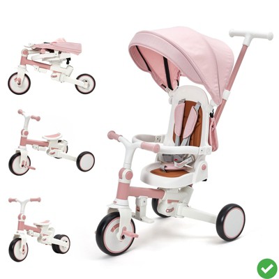 7-in-1 Foldable Baby Tricycle w/ Adjustable Parent Handle – Toddler Trike with Safety Harness, Wheel Brakes