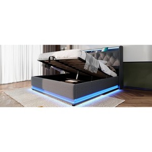DOMETOUR Queen Upholstered Bed, LED Surround, Remote/App Control, Hydraulic Storage, USB-C Charging, Gray Linen (No Mattress) - 1 of 4