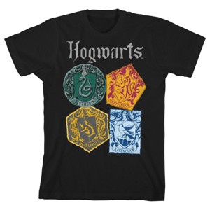 Harry Potter Hogwarts House Emblems Black T-shirt Toddler Boy to Youth Boy - 1 of 1
