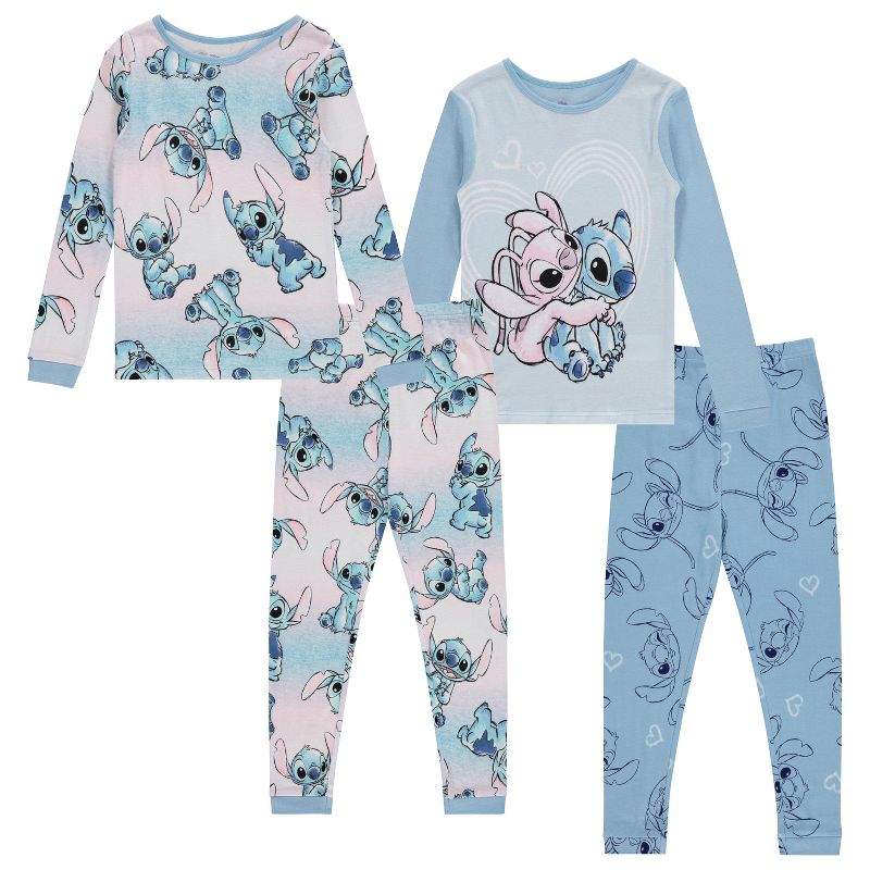 Girls Lilo and Stitch Pajamas Set - 4 Piece Long Sleeve Stitch Pajamas - Lilo and Stitch Ohana 2 Pack Pajamas Set (Light Blue, 4)