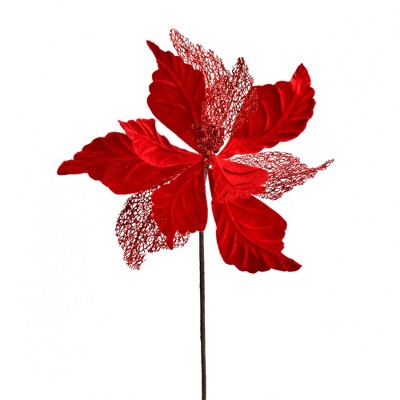 Vickerman 12" Velvet Poinsettia Mesh Aritificial Christmas Spray