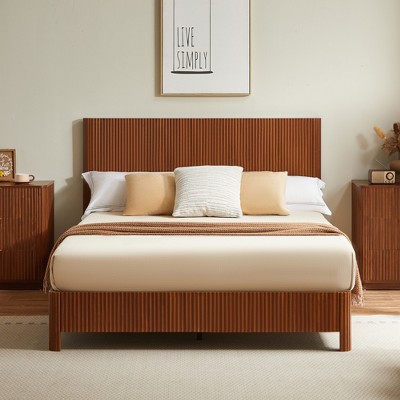 Queen Size Wooden Bed Frame with Corrugated Curved Design, Rustic Wood Accents & Sturdy Metal Support-- Frevyn