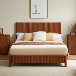 Queen Size Wooden Bed Frame with Corrugated Curved Design, Rustic Wood Accents & Sturdy Metal Support-- Frevyn - 1 of 4