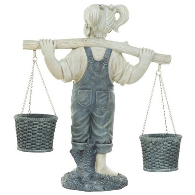 Large Off-White Resin Little Girl Garden Statue with Faux Woven Baskets