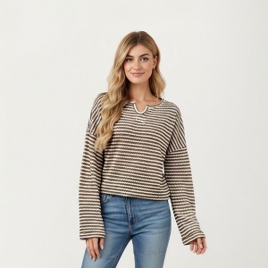 Anna-Kaci Women's Long Sleeve Textured Knit Pullover Top with Split Neck and Relaxed Fit - 1 of 4