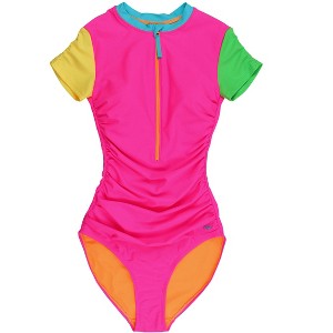 RuffleButts UPF50+ Women's Quarter Zip Short Sleeve One Piece Rash Guard Swimsuit - 1 of 2