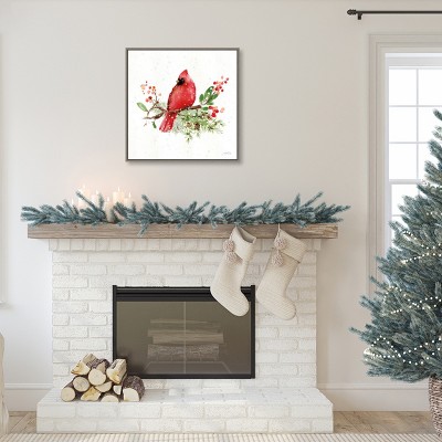 Red Bird and Greenery Christmas Canvas Wall Art in Grey Frame