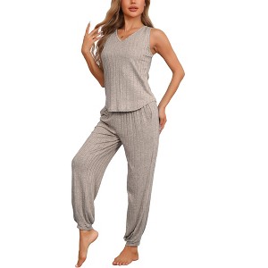 cheibear Women's Loungewear Knit Sleeveless V Neck Tank Tops with Pants Pajamas Sets 2 Pcs - 1 of 4