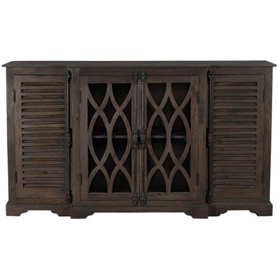 HomeRoots 70" Dark Brown Solid Wood Carved Geometric Sideboard with Four Doors