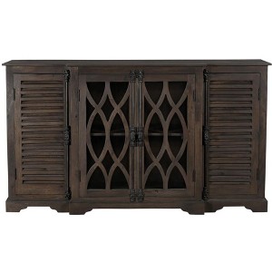 HomeRoots 70" Dark Brown Solid Wood Carved Geometric Sideboard with Four Doors - 1 of 4