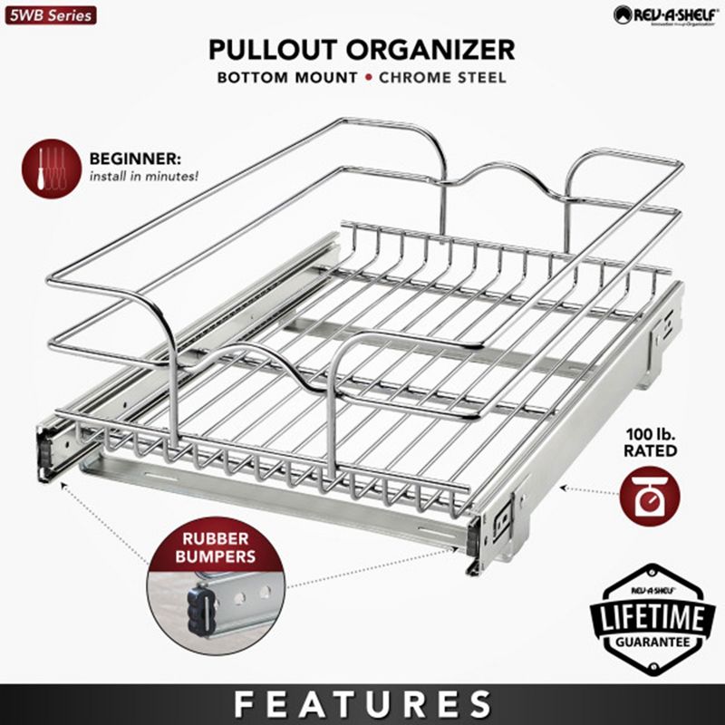Rev-A-Shelf 5WB1-0918 Single Wire Basket Pull Out Shelf Storage Organizer for Kitchen Base Cabinets, Silver, 3 of 7