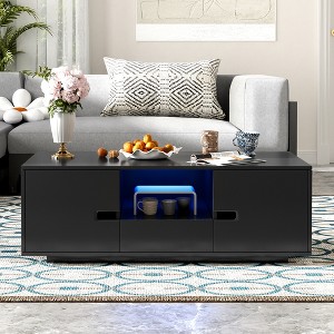 Modern Rectangle Coffee Table, High-Gloss Finish, Storage Cabinets & Drawer, 16-Color LED Lights for Living Room - 1 of 4