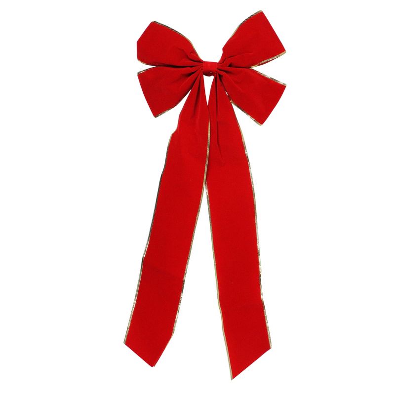 Northlight 12" x 28" Red 4-Loop Velveteen Christmas Bow with Gold Trim, 1 of 4