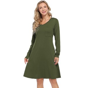 Women's V Neck Long Sleeve T Shirt Dress Basics Plain Dresses Casual Loose Flowy Swing Dresses - 1 of 4