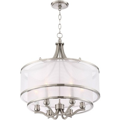 Brushed Nickel 26" Drum Pendant Chandelier with White Organza Shade