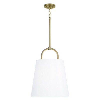 Aged Brass Pendant Light with White Fabric Shade