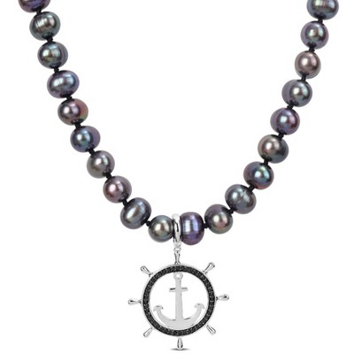 EVERLY JEWELRY |Mens 7 mm Black Cultured Freshwater Pearl and 1/3ct TDW Black Diamond Anchor Necklace Black Silver Clasp - 19+2in