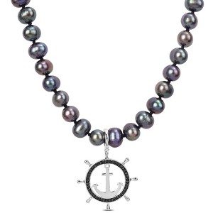 EVERLY JEWELRY |Mens 7 mm Black Cultured Freshwater Pearl and 1/3ct TDW Black Diamond Anchor Necklace Black Silver Clasp - 19+2in - 1 of 4