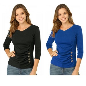 INSPIRE CHIC Women's V Neck 3/4 Sleeves Solid Knitted Buttons Decor Ruched Blouse 2 Packs - 1 of 4
