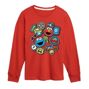 Boys' - Sesame Street - Cookie Monster Elmo Travel Patches-Toddler and Youth Long Sleeve T-Shirt Long Sleeve Graphic T-Shirt - 1 of 3