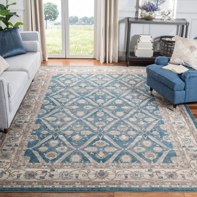Navy and Beige Floral Border Synthetic Area Rug 8' x 10'
