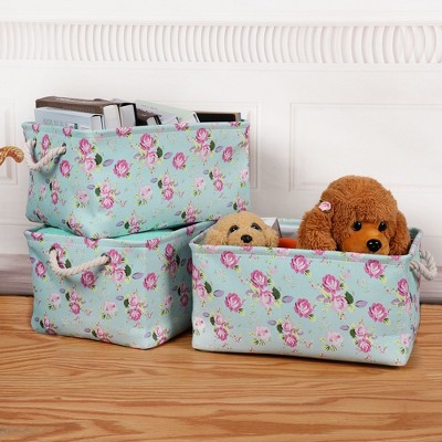 3 Pcs 15.7 x 11.8 x 8.3 Inch Cotton Foldable Floral Pattern Storage Bin Box Blue  - PiccoCasa