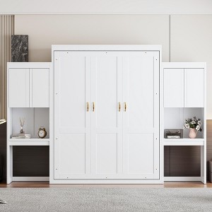 TIRAMISUBEST Queen Size Murphy Bed with Desk and Vanity, All-in-One Design Folding Bed Frame with Storage Cabinets - 1 of 4
