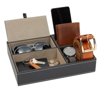 Black Faux Leather Men's Rectangular Valet Tray with 5 Compartments