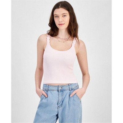Hippie Rose Womens Ribbed Ruffled Strapped Tank Top, Pink, Large