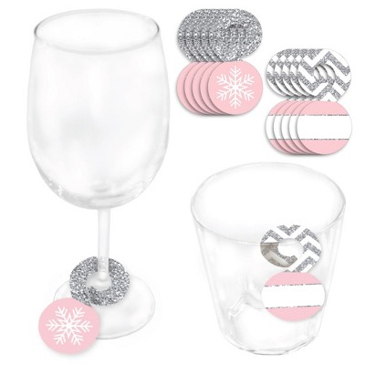 Big Dot of Happiness Pink Winter Wonderland - Holiday Snowflake Birthday Party and Baby Shower Paper Beverage Markers for Glasses - Drink Tags 24 Ct