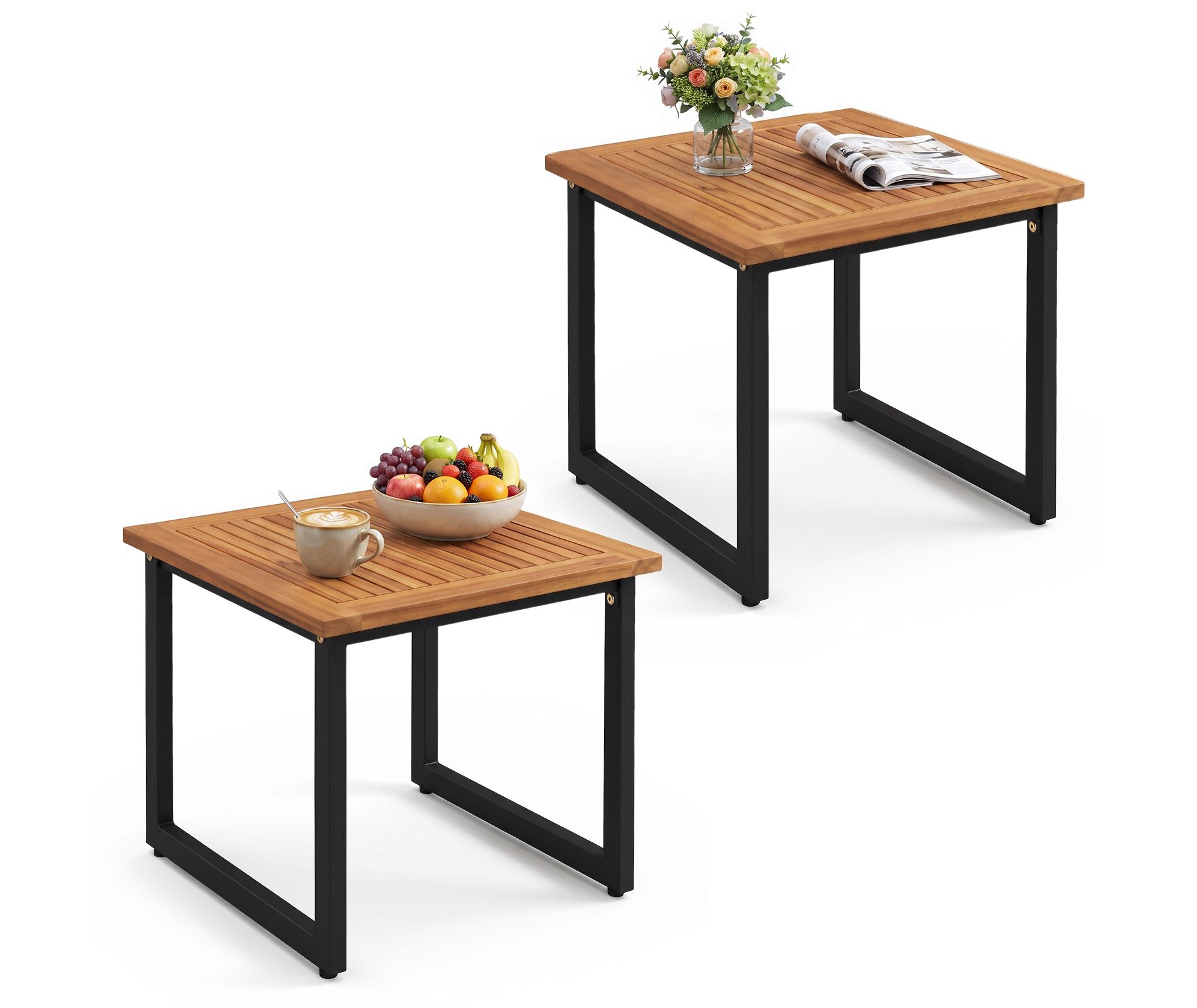 Costway 2 PCS 18" Outdoor End Table with Slatted Top, Metal Legs, Wooden Accent Bistro Table