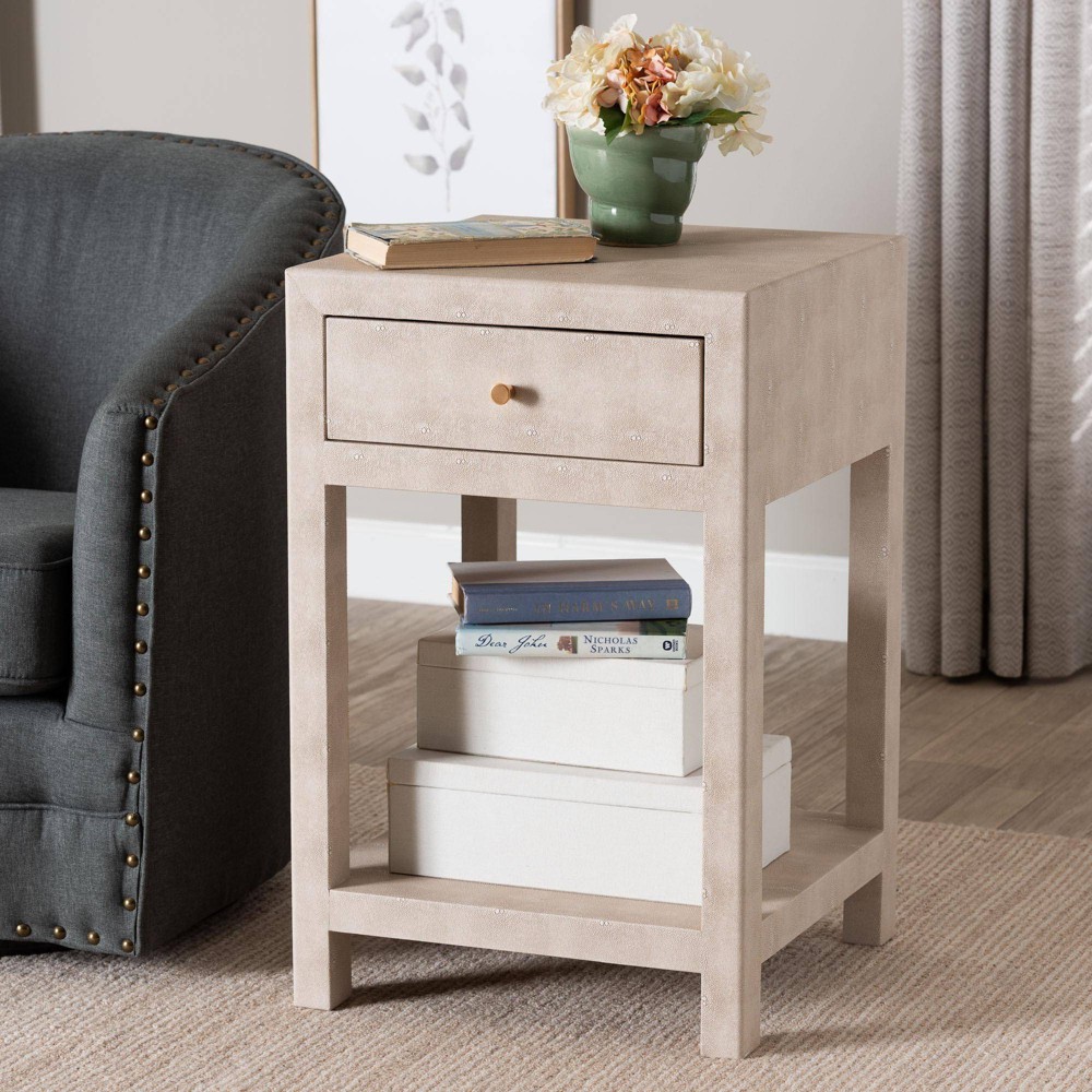 Photos - Coffee Table Baxton Studio Dansby Faux Shagreen 1 Drawer End Table Beige/Brass