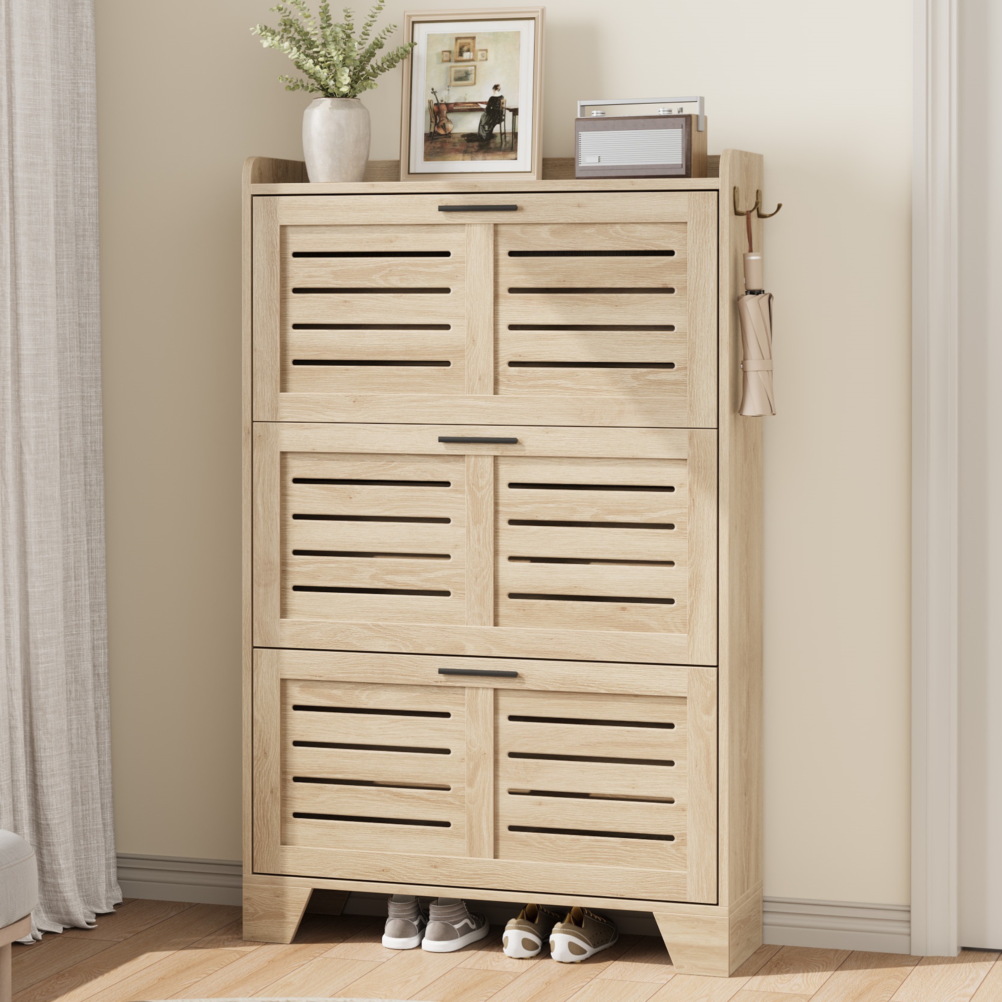 Shoe Storage Cabinet with 3 Flip Drawers, Freestanding Shoe Organizer Storage for Entryway, Farmhouse Hidden Slim Narrow Shoe Rack Cabinet, Light Oak