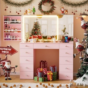 PAKASEPT Vanity with Lighted Mirror, Vanity Desk with Visible Glass Tabletop, 11 Drawers, Hidden Sliding Shelves and Charging Station, Pink - 1 of 4